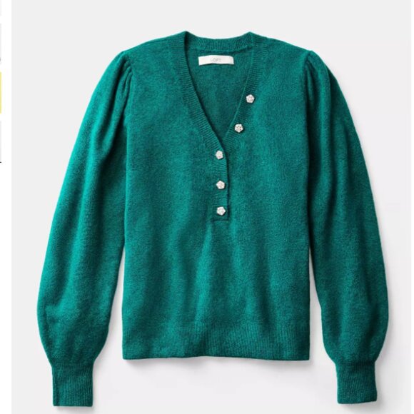 LOFT Emerald Jeweled Button Henley Sweater Size XS NWT - Picture 2 of 9